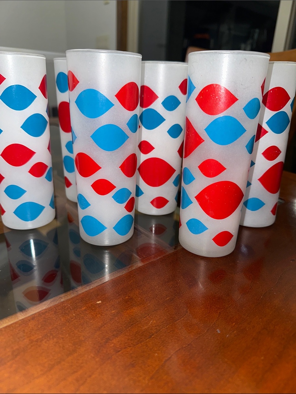 Retro Frosted Highball Glasses with Red & Blue Dot Pattern - Set of 6 - Picture 2 of 7